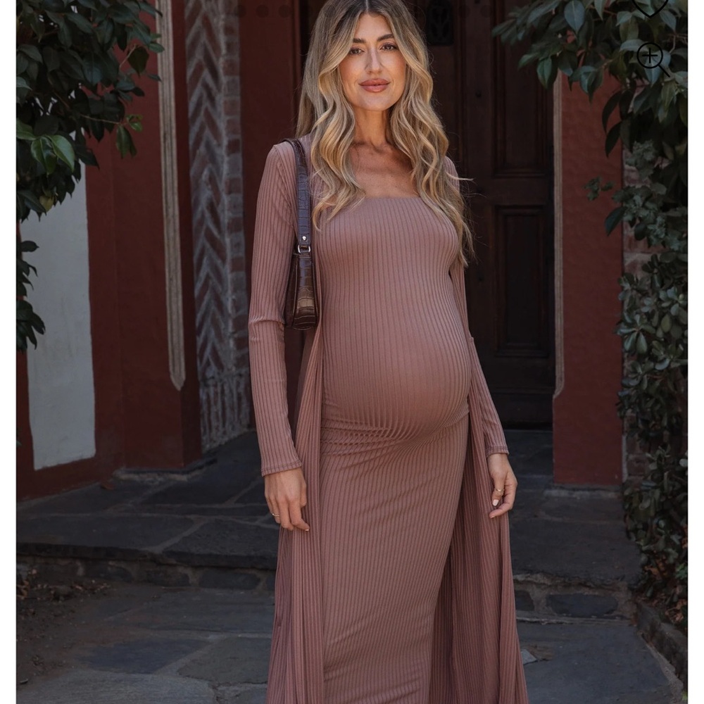 Pinkblush Mocha Ribbed Sleeveless Dress Cardigan Maternity Set